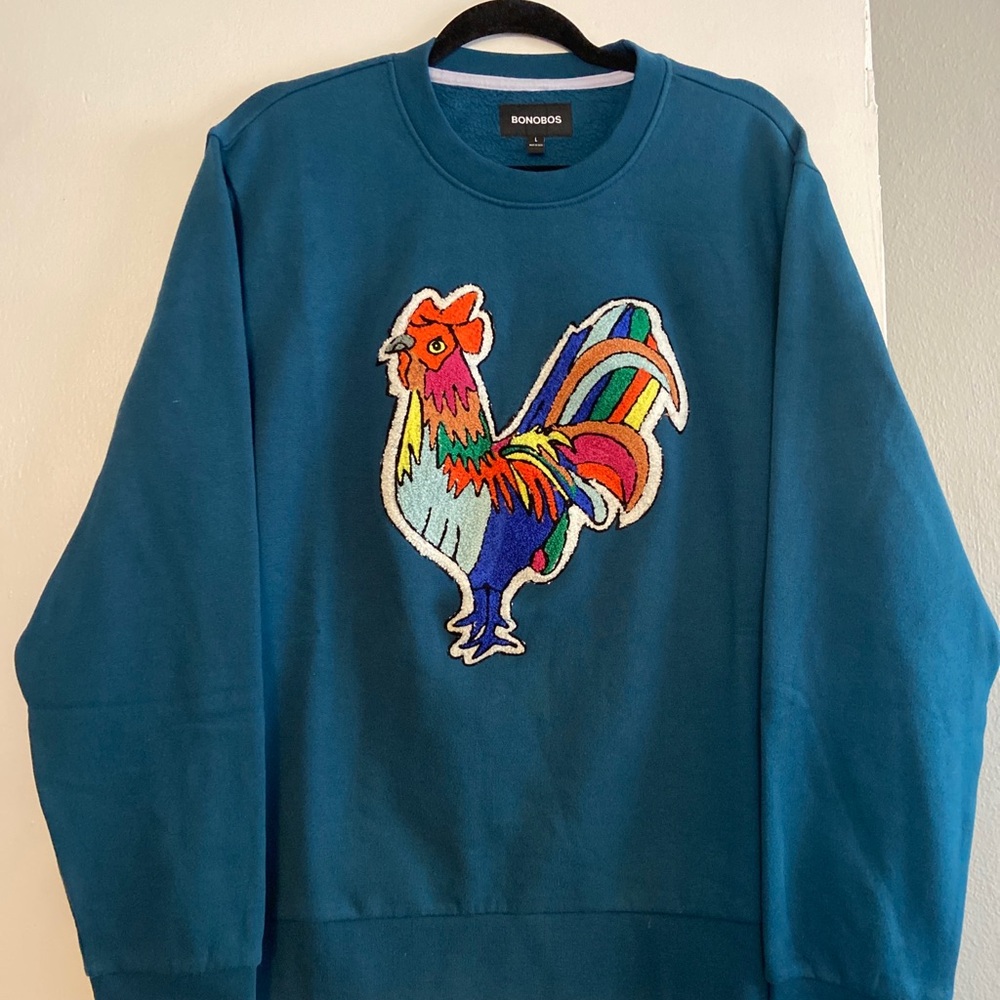 Bonobos Mens Sweatshirt Teal Blue Embroidered Rooster Limited Edition